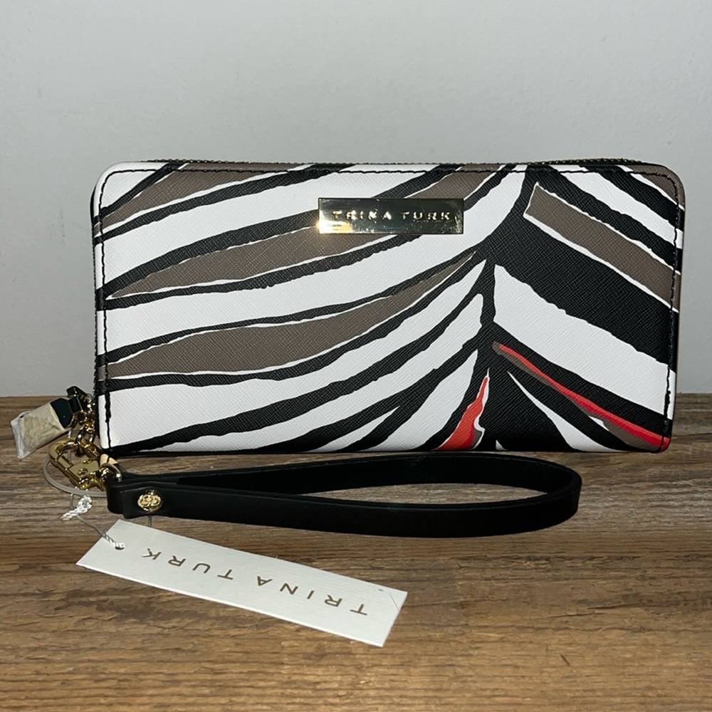 Trina Turk Black White Tan Orange Red Zebra Zip Around Wristlet Wallet NWT
